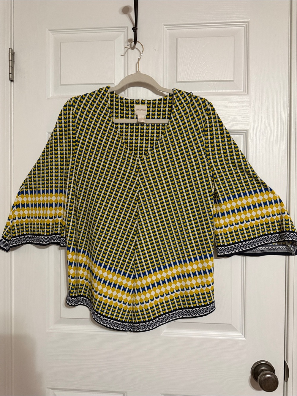 Chico's Yellow & Navy Geometric Bell Sleeve Blouse